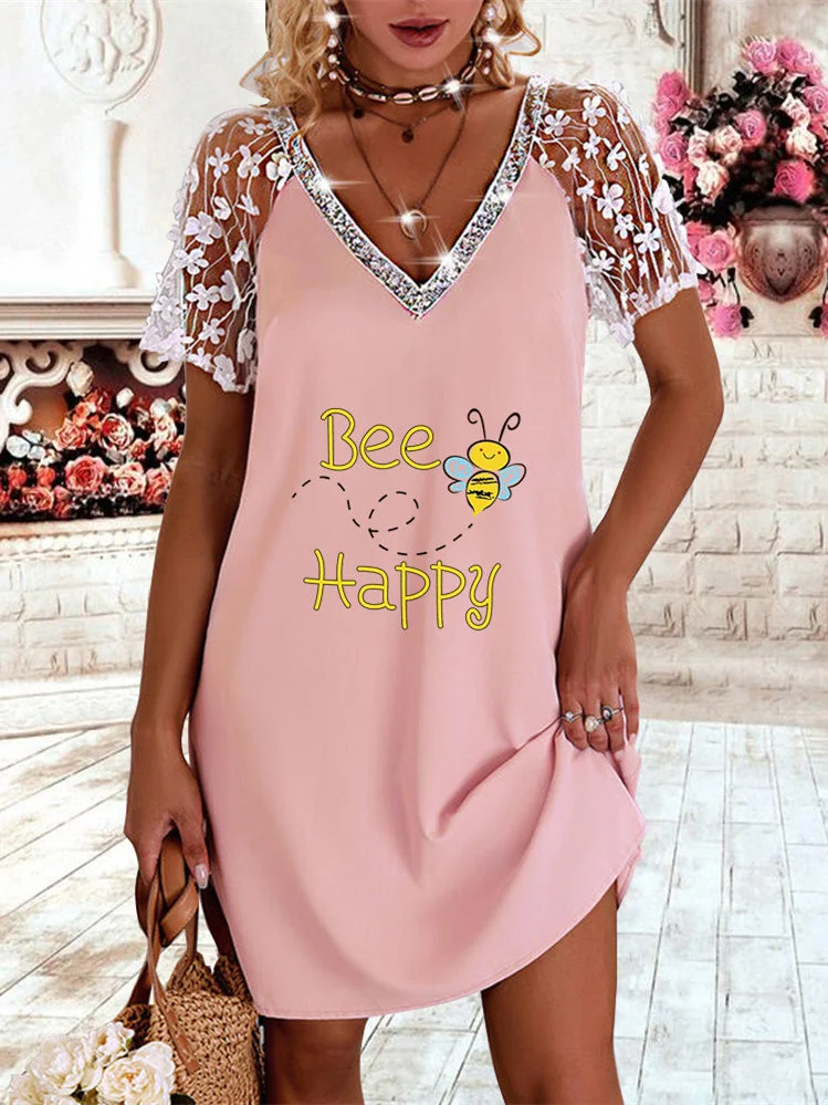 Women's Short Sleeve V-neck Lace Graphic Printed Midi Dress