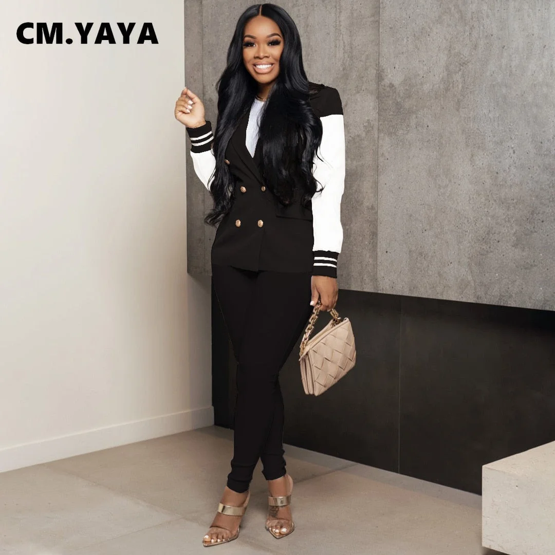 CM.YAYA Women's Tracksuit Baseball Style Notched Neck Blazer Pants Suit Matching Two 2 Piece Set Office Lady Outfits Sweatsuit