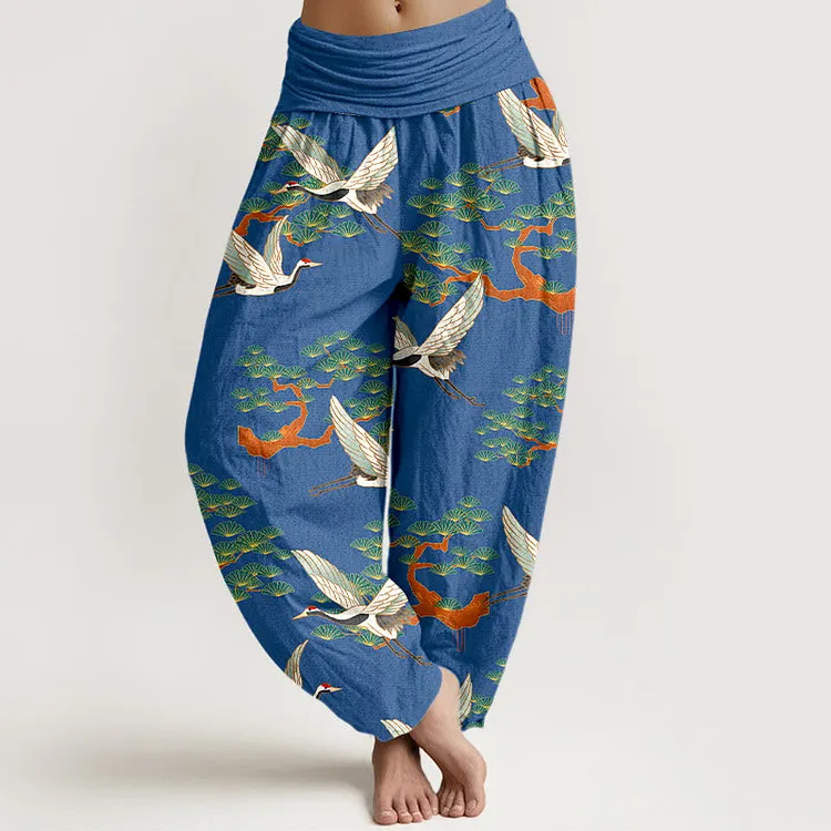 Print Pine Tree Crane Pattern Pure Cotton Women's Elastic Waist Harem Pants
