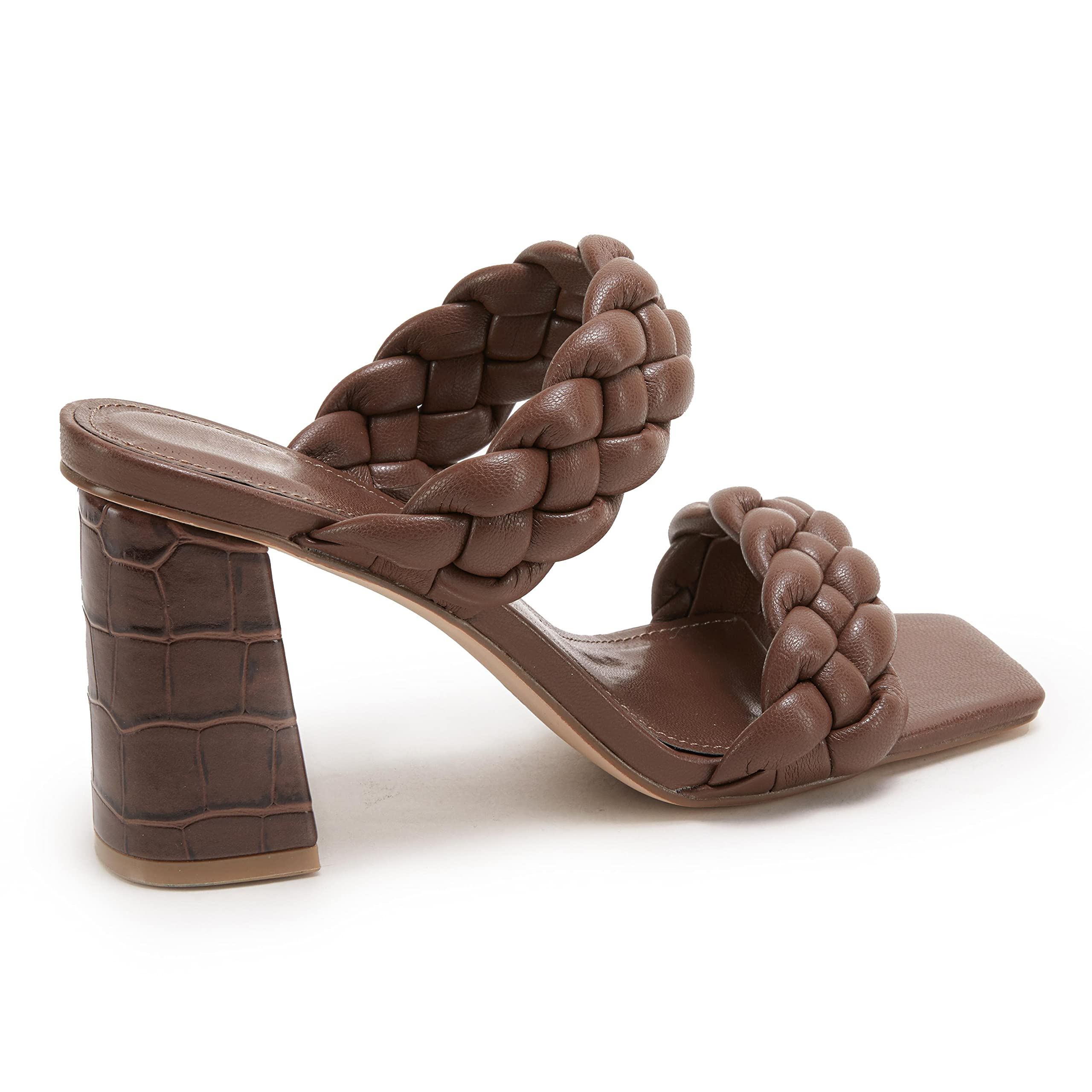 Women's Backless Square Open Toe Block Strappy Braided Heeled Sandals-vocosishoes
