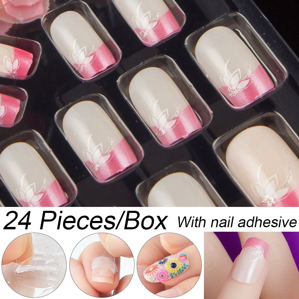 Fashion 24pc/set 10 Sizes Fake Nails Full Cover French False Nail Tips With Double-Sided Nail Adhesive Tab Press On Coffin Nail-Nail Inspo