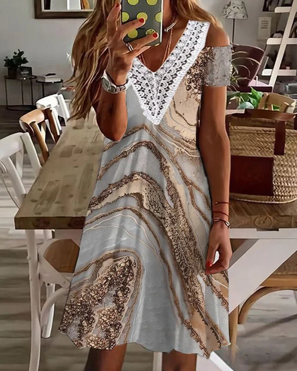 Sexy V-Neck Loose Printed Lace Off-the-Shoulder Dress