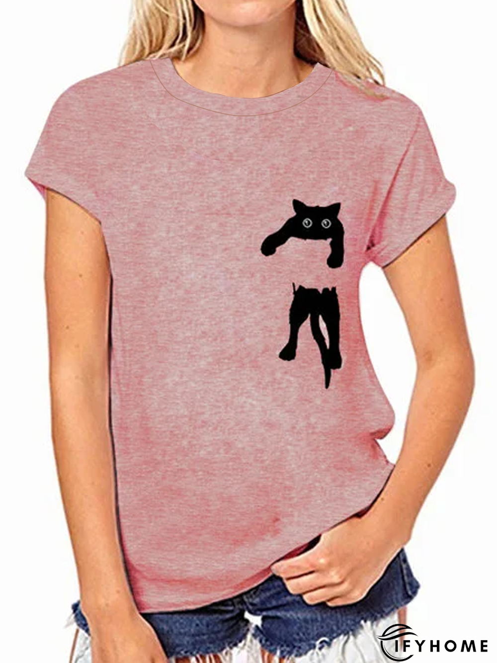 Women Casual Cat Printed Cotton Crew Neck T-shirt & Top | IFYHOME