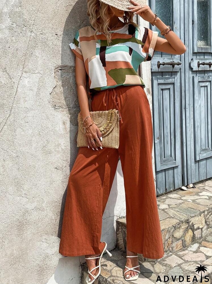 Geo Print Batwing Sleeve Top & Wide Leg Pants