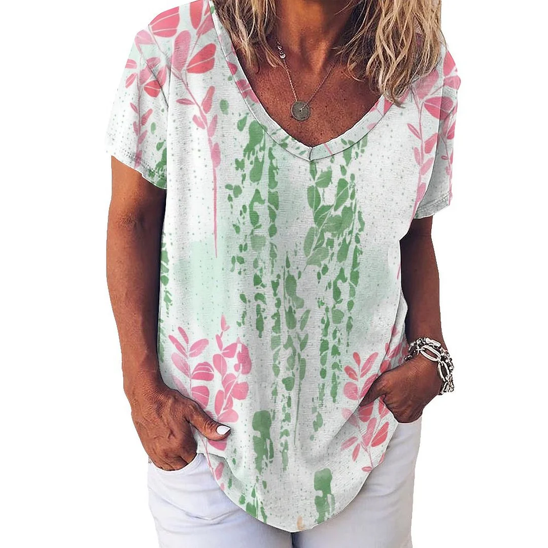 V-neck Short Sleeve Casual T-shirt for  Women Printed with Pattern Striped, Green, Pink