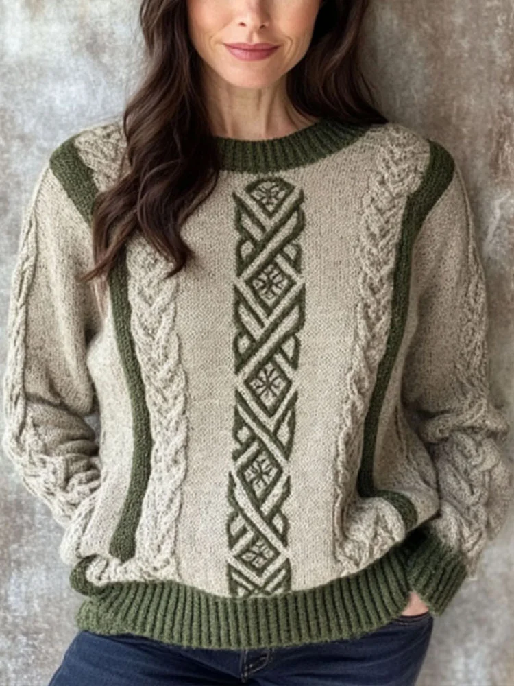 Vintage Irish Celtic Knot Knitted Cozy Jacquard Sweater