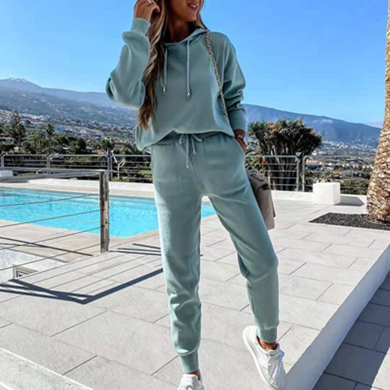 omen's Autumn and winter plus fleece hooded loose sweater two-piece suit Two-piece Outfits MusePointer