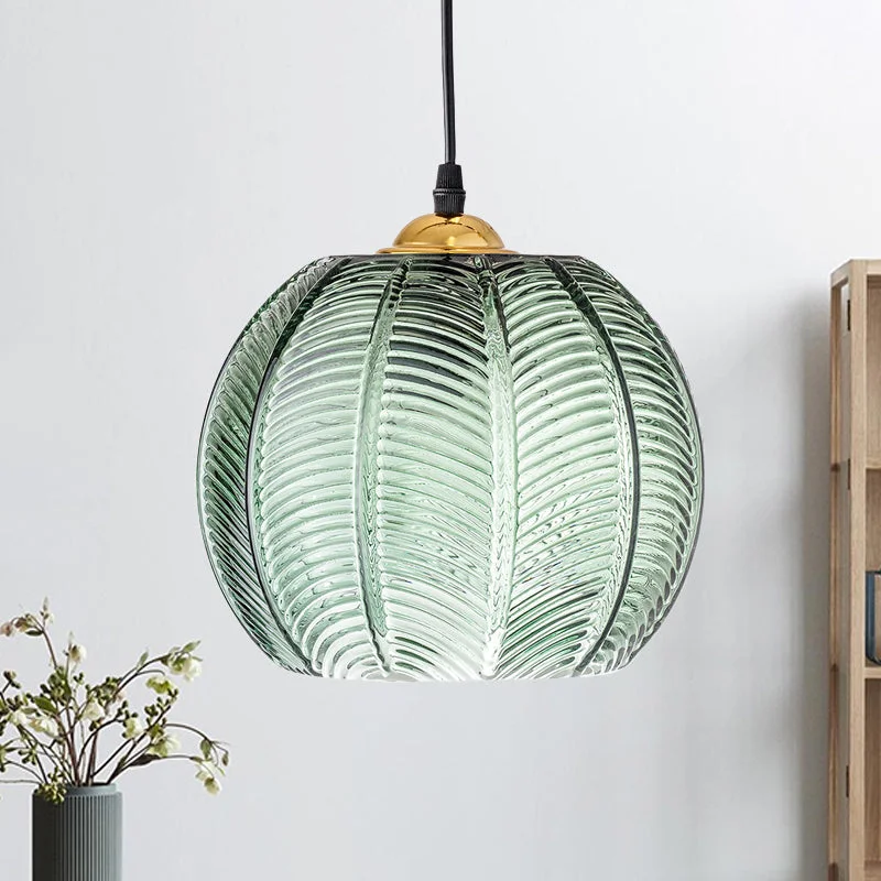 Retro Green Ribbed Glass Pendant Light For Dining Room