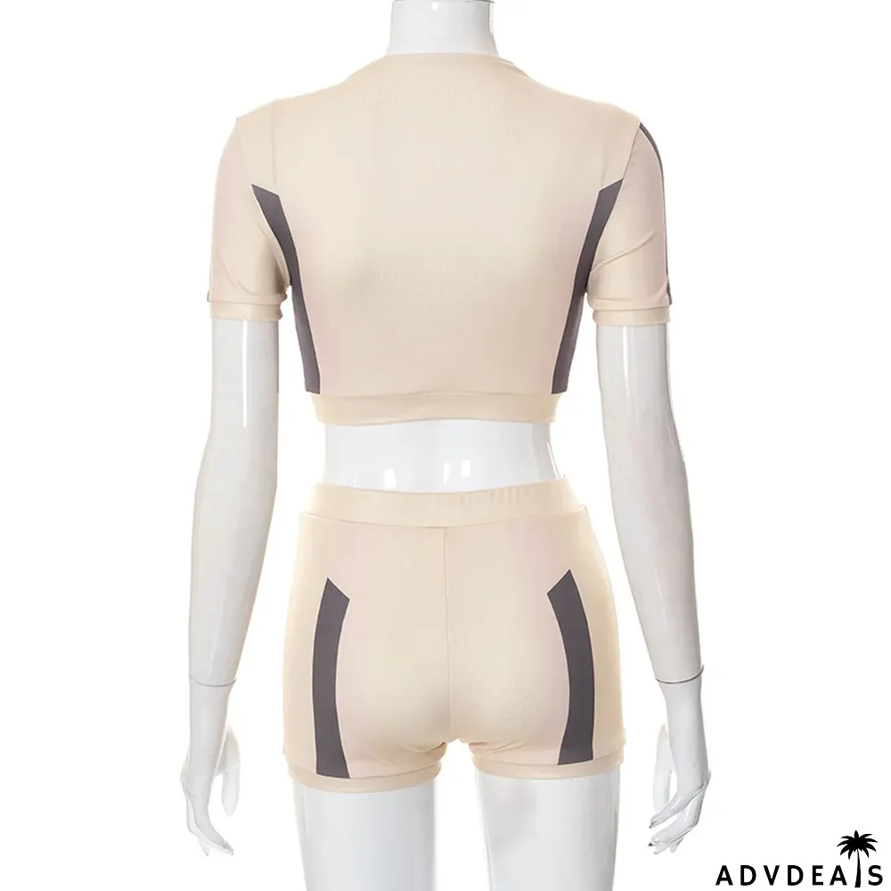 Women Summer Color Block Crop T-Shirt and Shorts Two-Piece Set