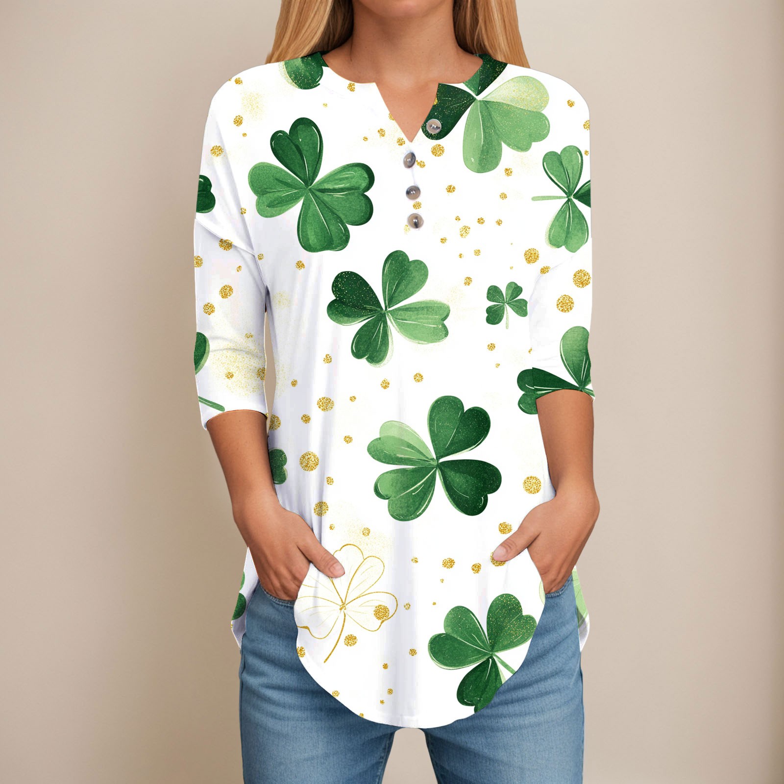 Women Simple Long Sleeve T Shirts Female St Patrick's Day Tops 3/4 Sleeve Tunic Tops Side Slit V Neck Flattering T-shirts