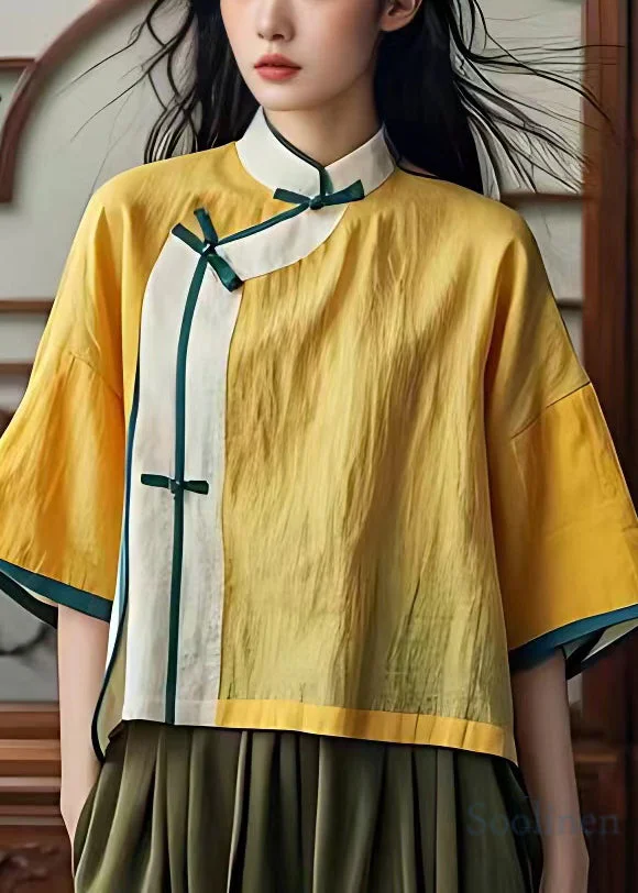 New Yellow Stand Collar Button Cotton Shirts Summer