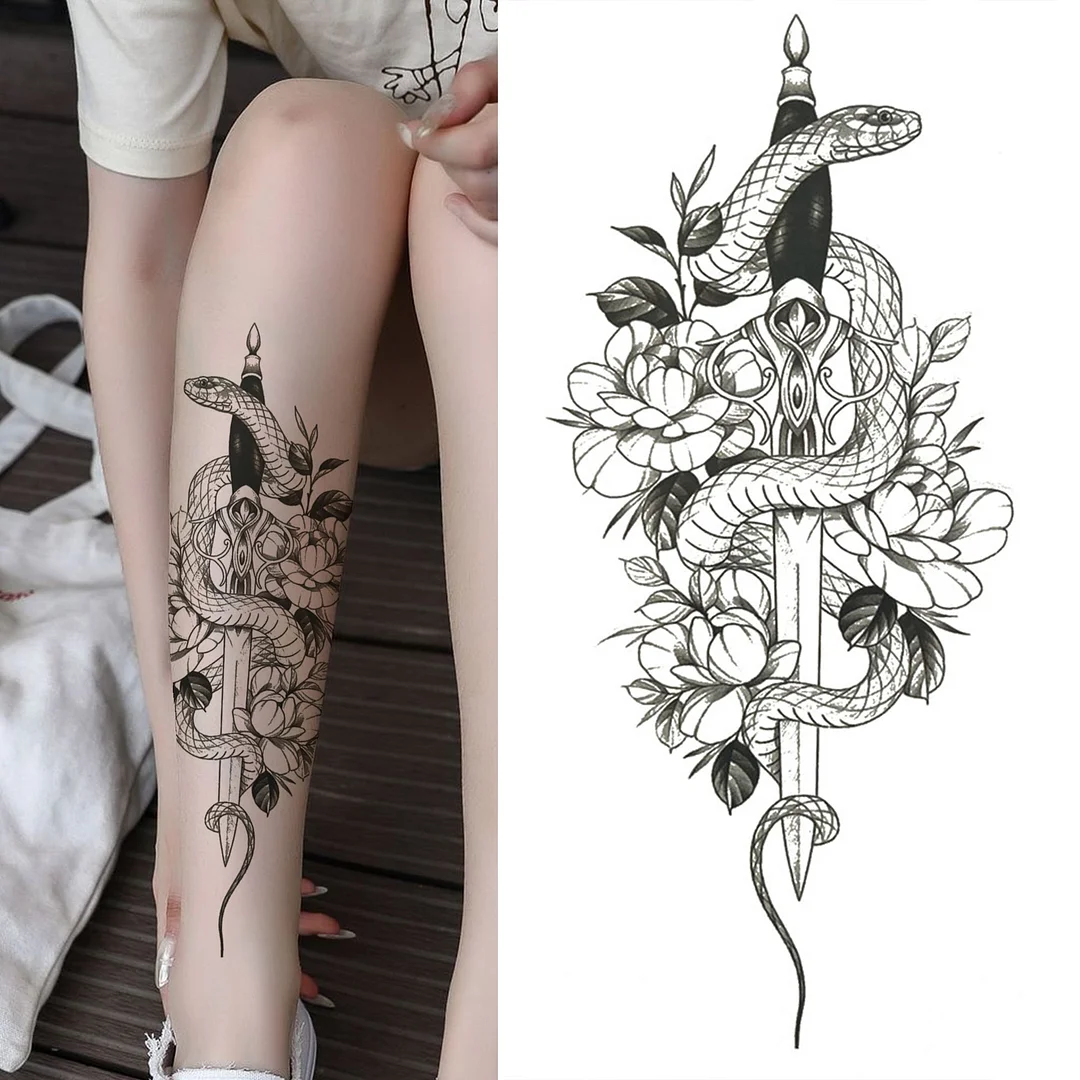 3D Snake Rose Temporary Tattoos For Women Girls Fake Flower Tattoo Sticker Black Death Eaters Dark Mark Mamba Snake Peony Tatoos