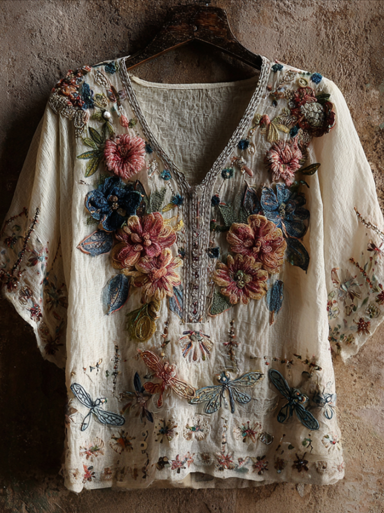 Comstylish Bohemian Style Vintage Color Plant Flower Embroidery V-neck Short-sleeved Shirt