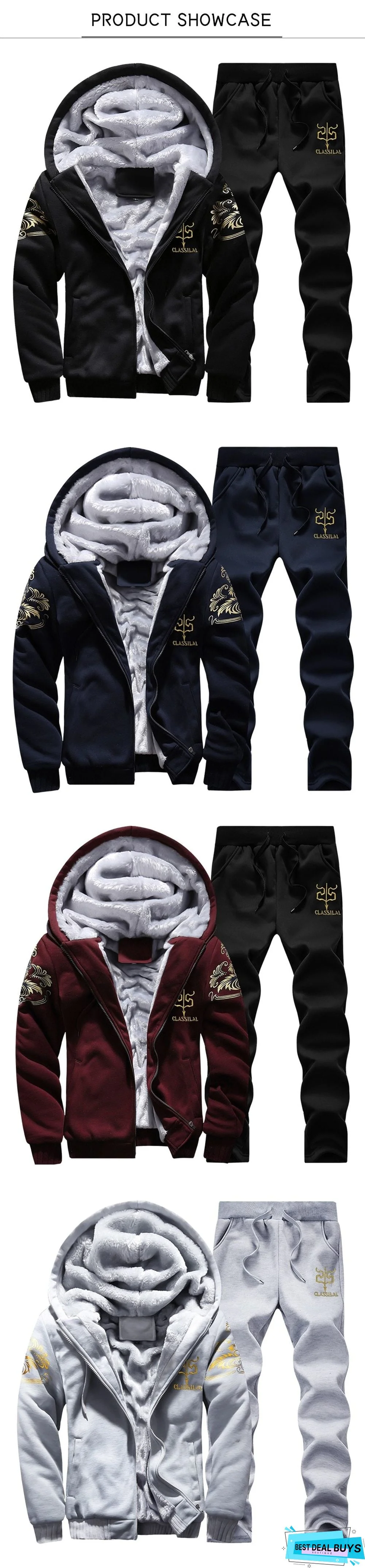 Men Fleece Warm Printed Coat Hooded Pullover Hoodie Sweatshirts Sweatpants Suit