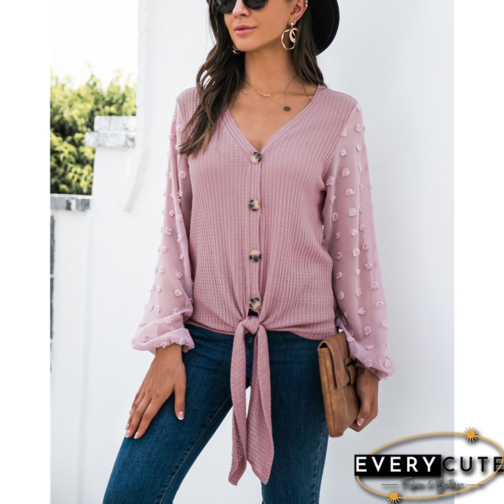 Pink Waffle Splice Swiss Dot Long Sleeve Blouse