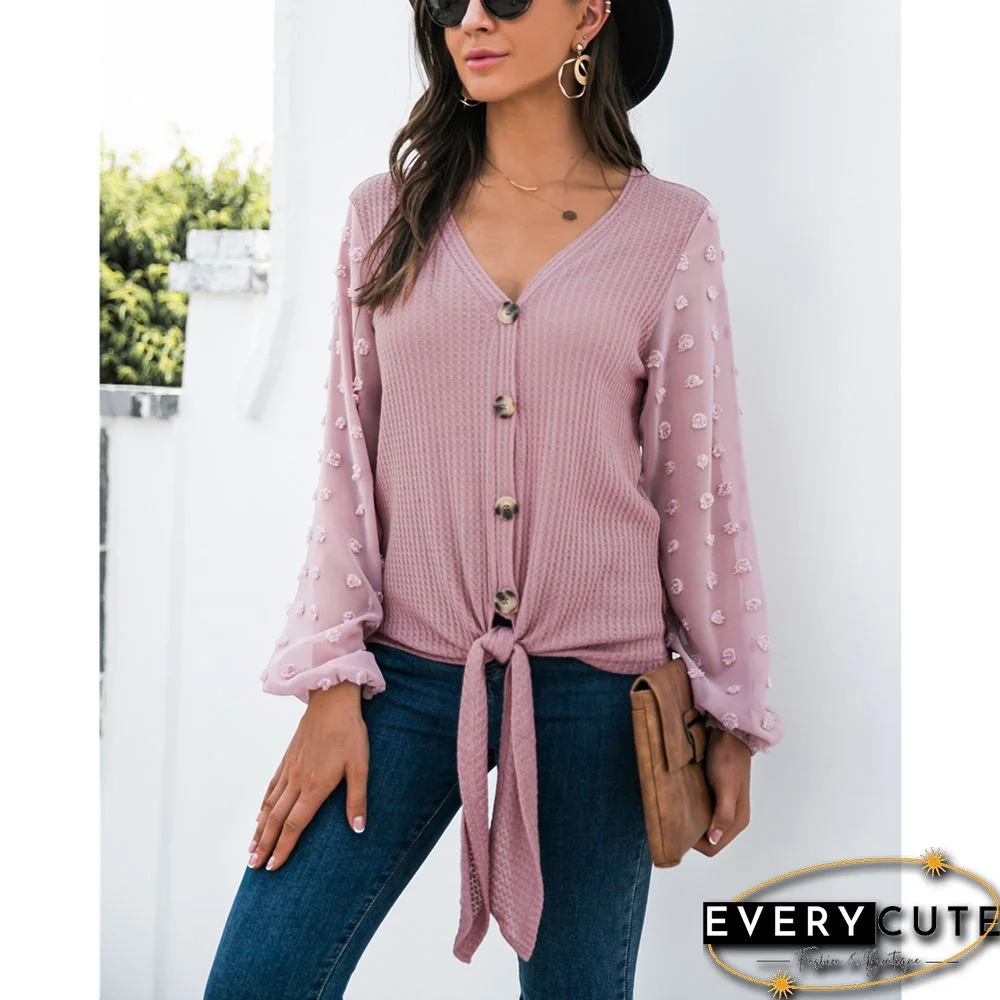 Pink Waffle Splice Swiss Dot Long Sleeve Blouse