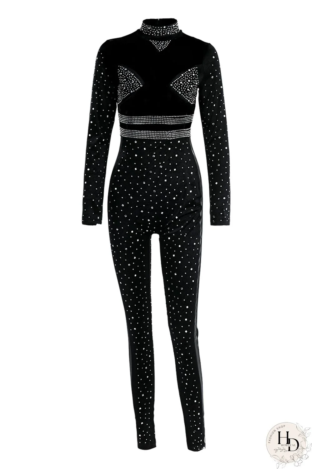 Blue Fashion Sexy Patchwork Hot Drilling Split Joint Turtleneck Skinny Jumpsuits