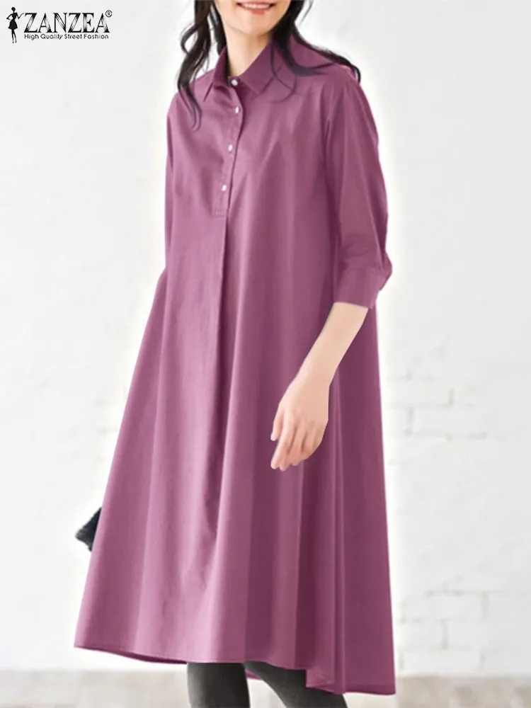 ZANZEA Women Summer Lapel Neck Half Sleeve Shirt Dress Casual Work OL Solid Loose Sundress Knee-length Vestidos Robe Oversized