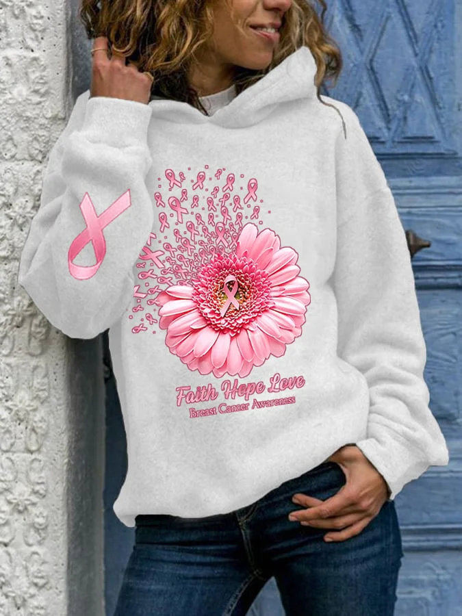 Breast Cancer Awareness Faith Hope Love Daisy Flower Ribbon Print Casual Hoodie socialshop