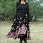 Women's Vintage Polka Dot And Rose Floral Plaid Patchwork Linen Dress - Image 2