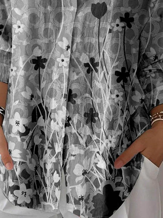 Women 3/4 Sleeve Shirt Collar Floral Printed Graphic Button Tops