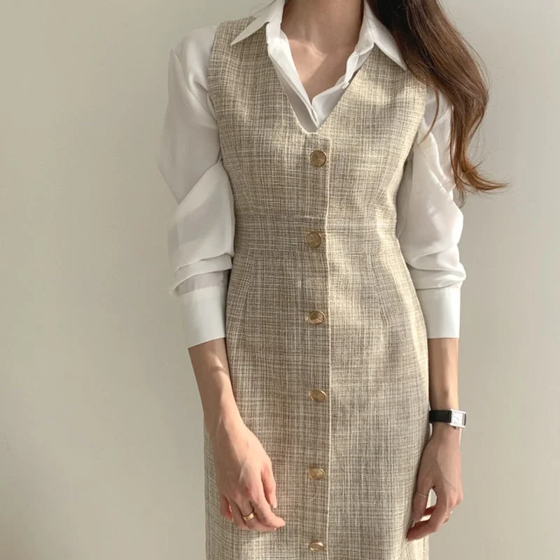 New Autumn Spring Women Elegant Plaid Tweed Office Ladies Sleeveless Vest Dress