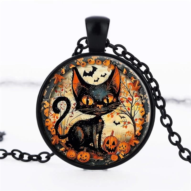 Punk Cool Style Halloween Pattern Cat Alloy Inlay Glass Halloween Unisex Pendant Necklace