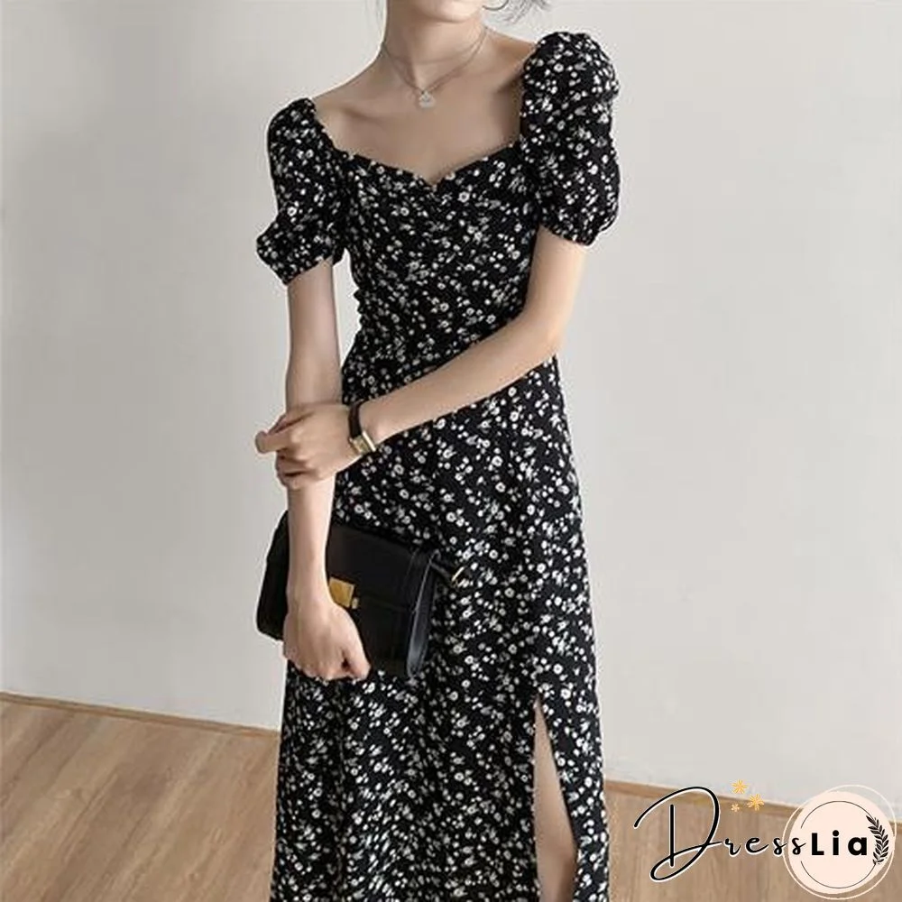 Midi Dress Women French Black Print Sexy Puff Sleeves Empire Side Slit Clubwear Temperament Summer Elegant Fashion Vestido Retro