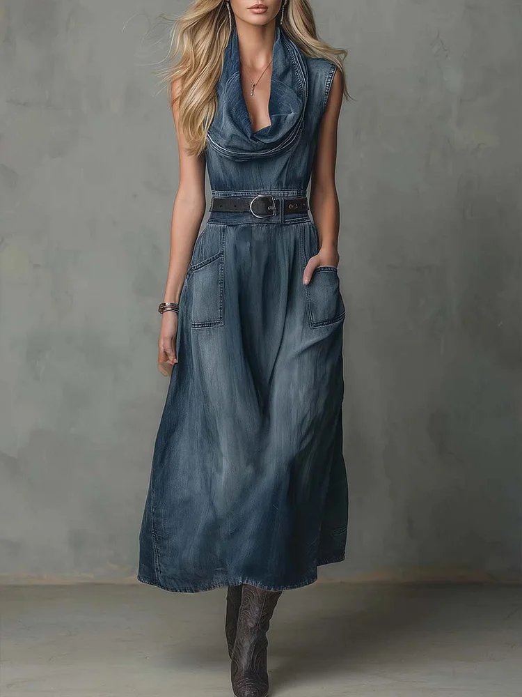 Women's Sleeveless Casual Loose Denim Dress With A Ruffled Neckline