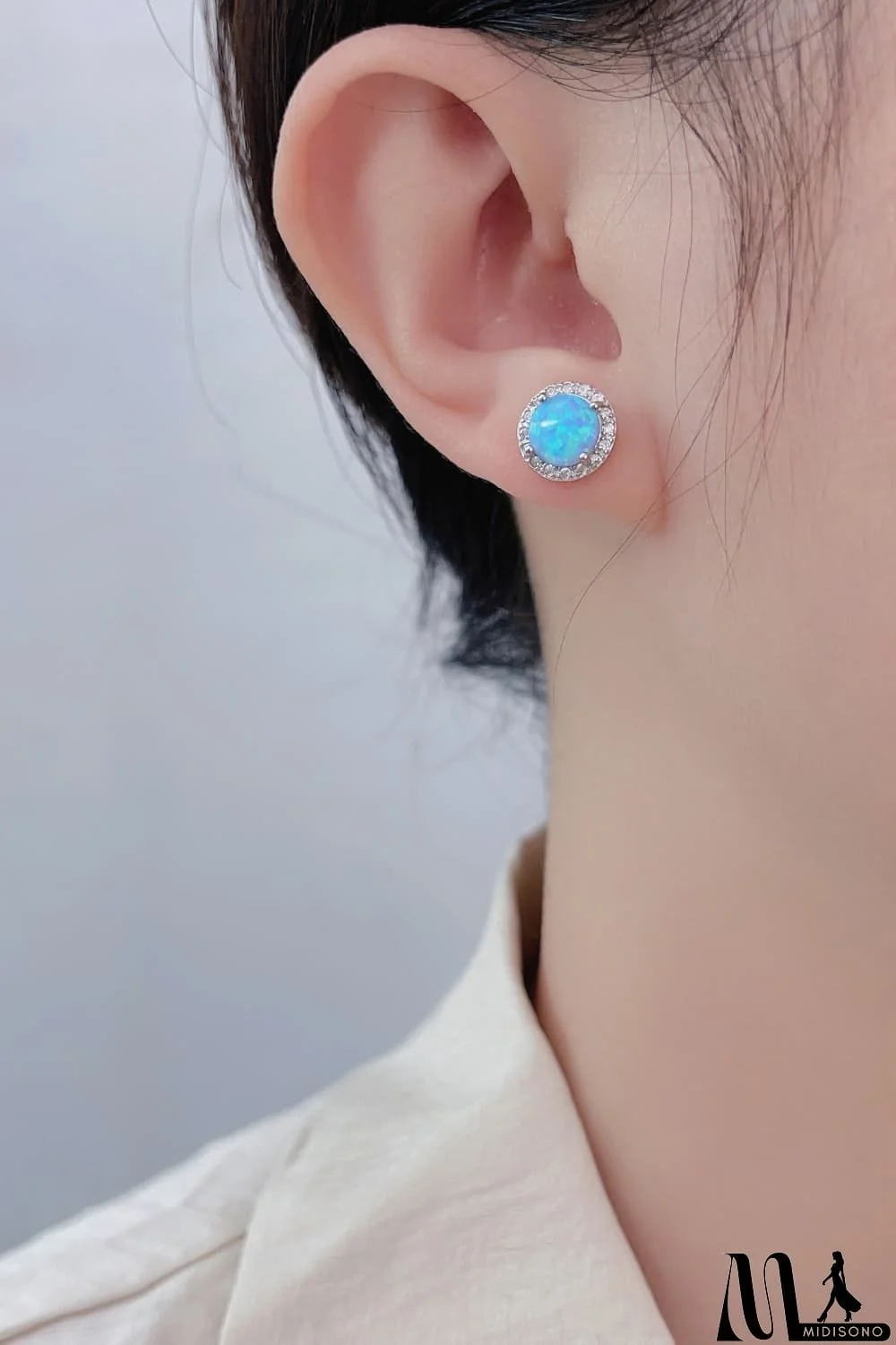 MidiSono - 925 Sterling Silver Platinum-Plated Opal Round Stud Earrings