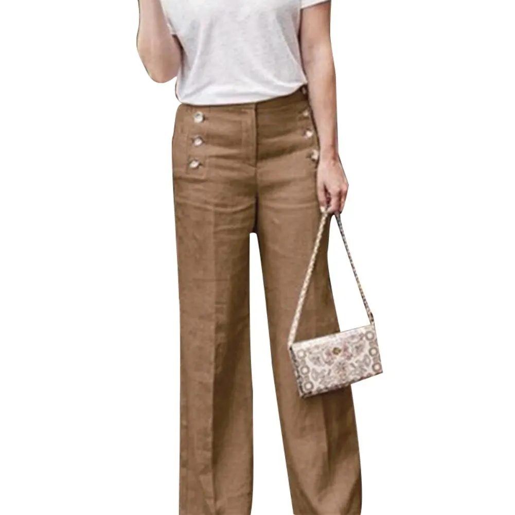 Solid Color Buttons High Waist Wide Leg Pants Women Cotton Linen Long Trousers