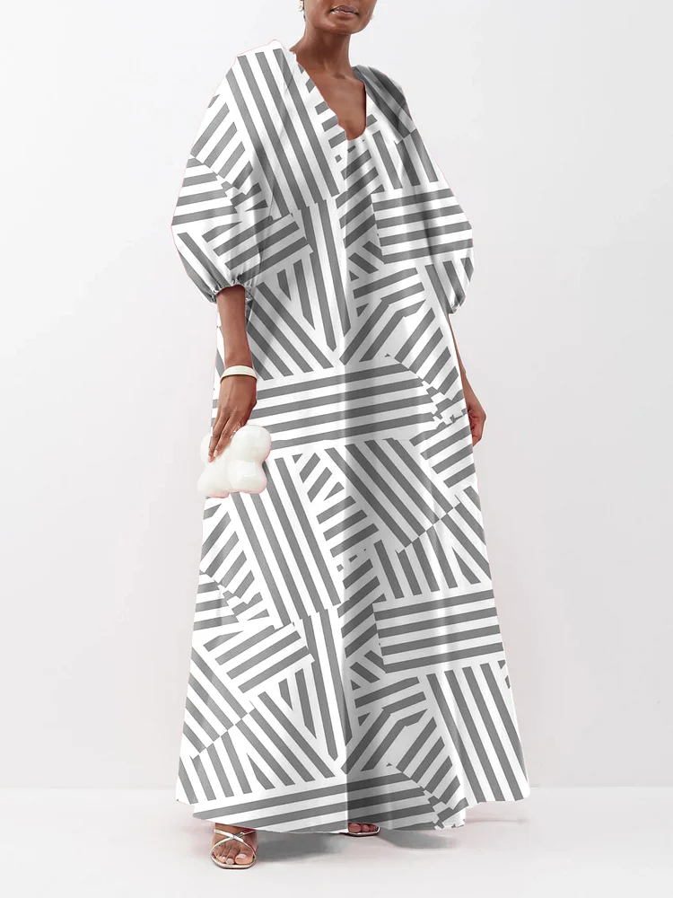 Irregular Stripe Printing V-Neck Puffy Sleeves Loose Maxi Dress