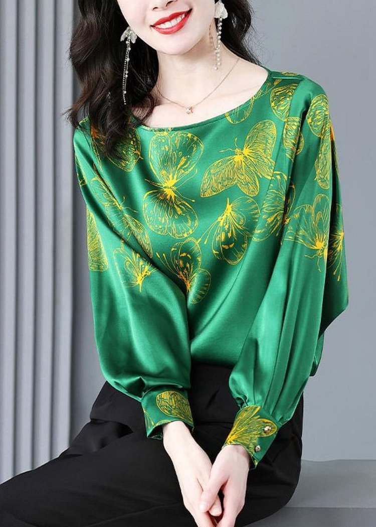 Top Quality Green O-Neck Butterfly Print Silk Tops Long sleeve