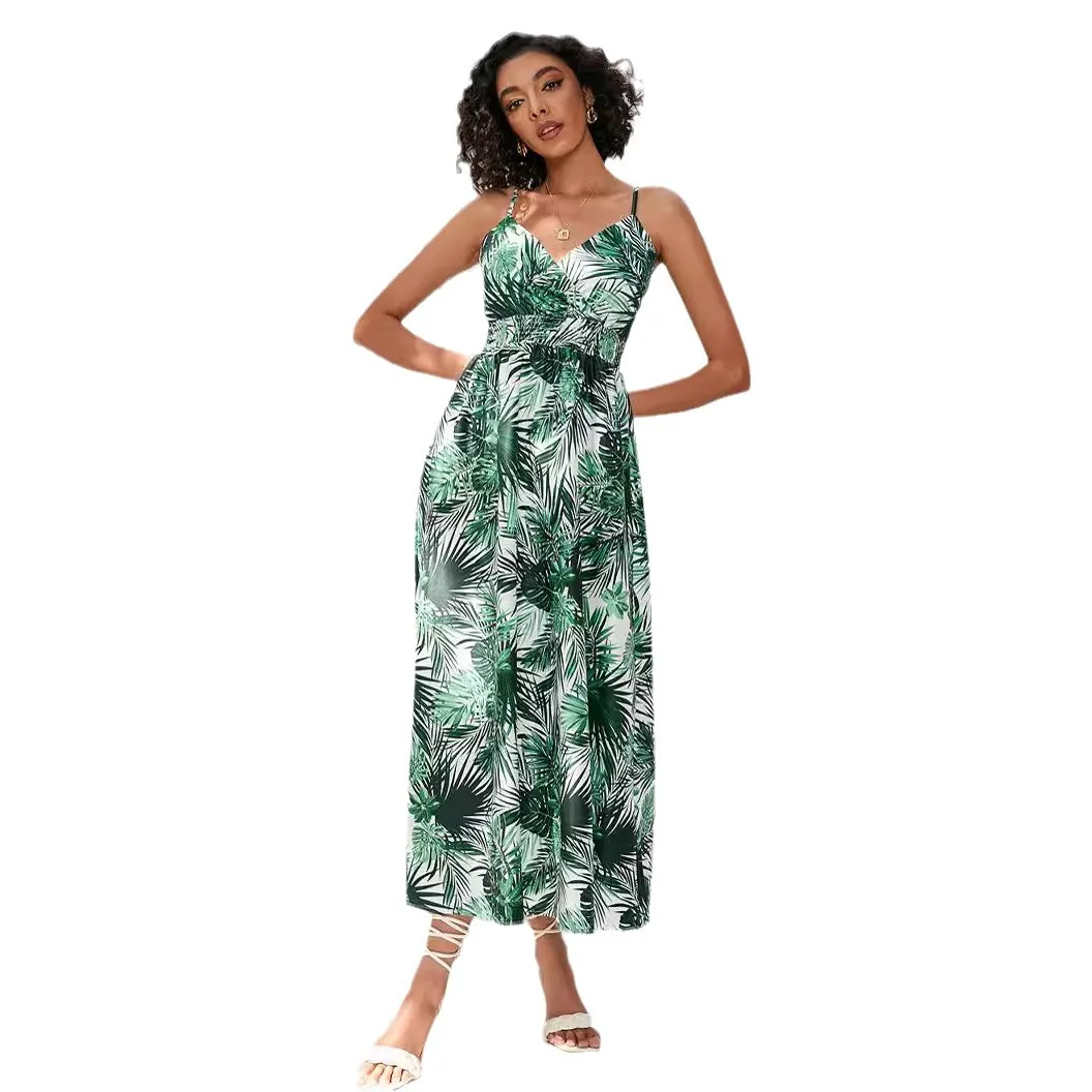 Churchf Women's Dress Station Summer Print Collection Waist Long Sling Dress