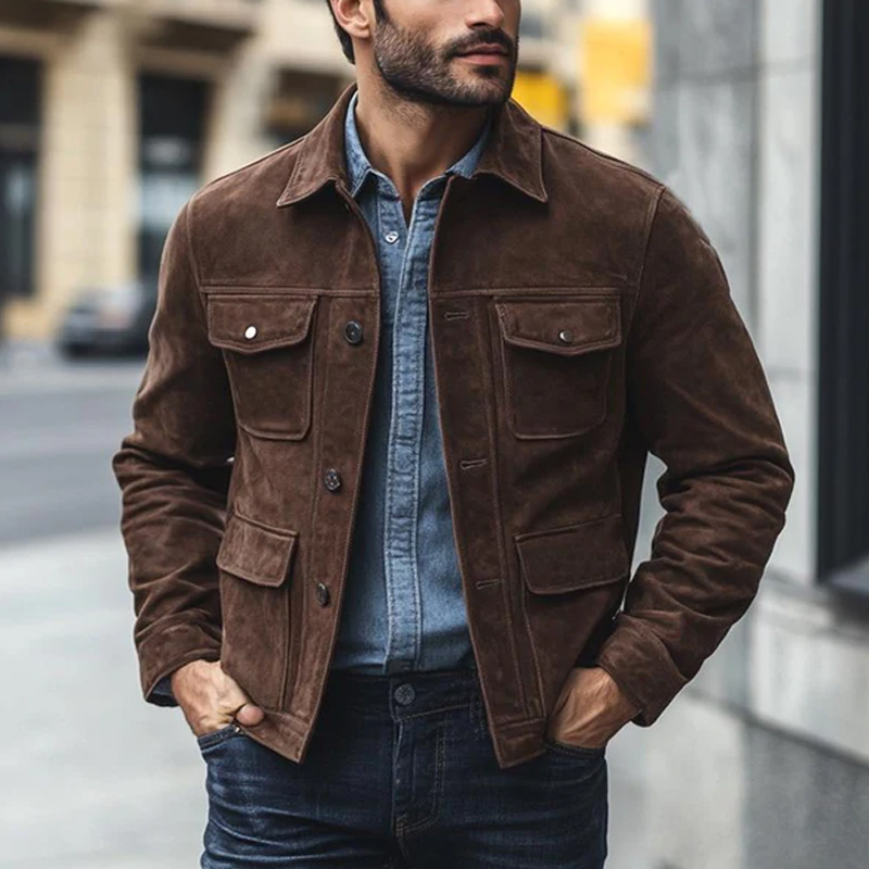 Men's Brown Suede Button Jacket