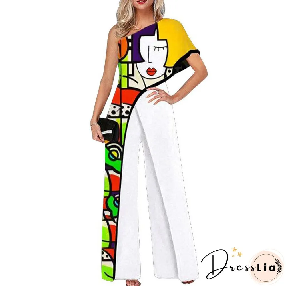 Jumpsuit Printed Diagonal Shoulder Fashion Wide Leg Pants for Women