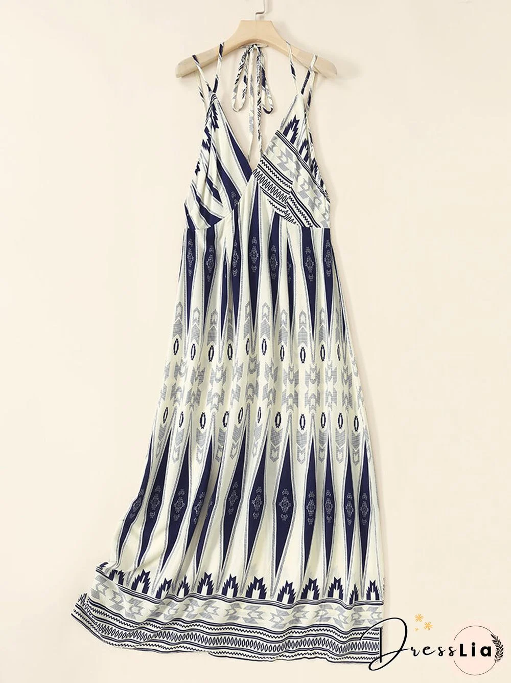 Tribal Geo Print Tie Spaghetti Strap Open Back Maxi Dress