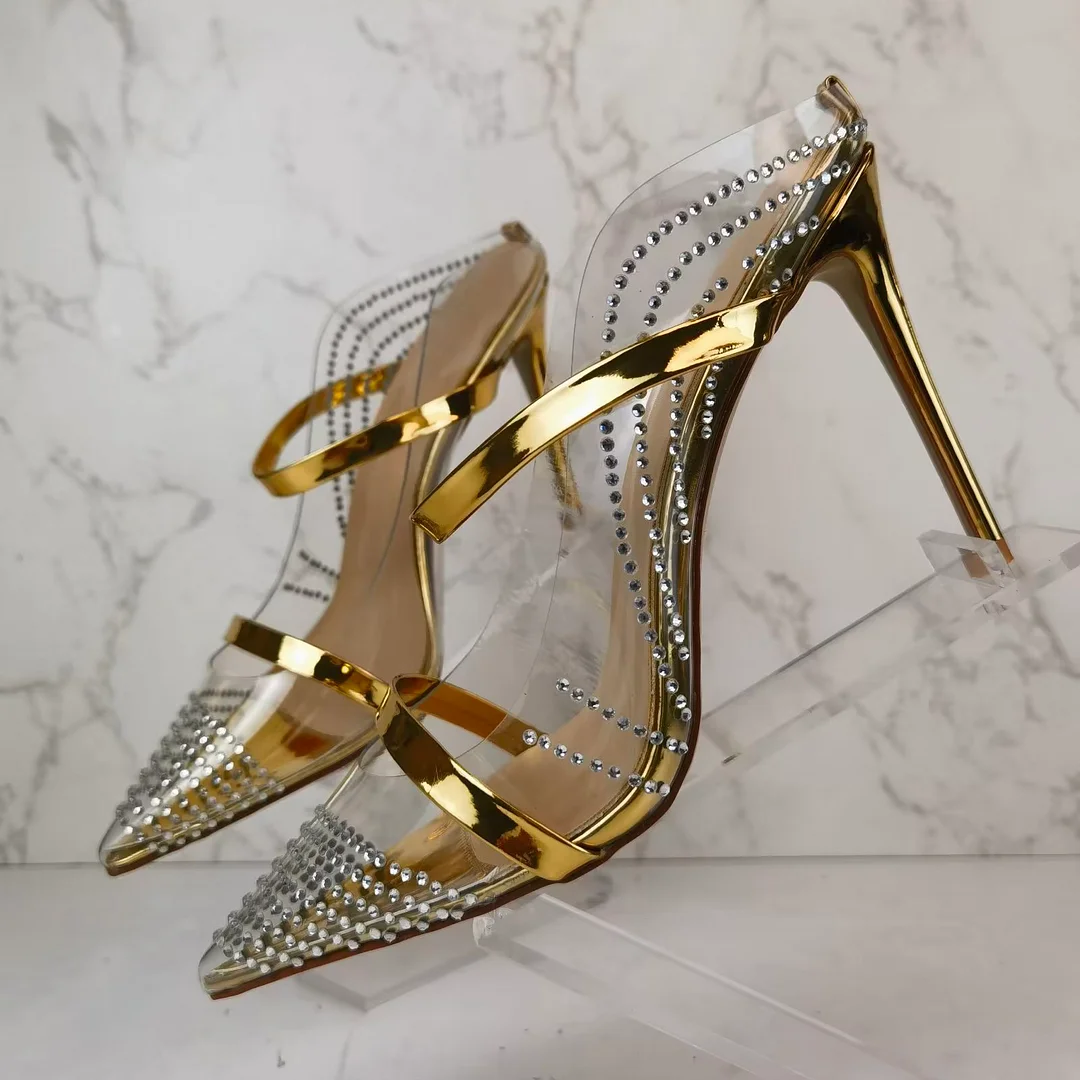 Women's 110mm High Heel Elegant Pointed Toe Rhinestones Slingback Sandals Shoes