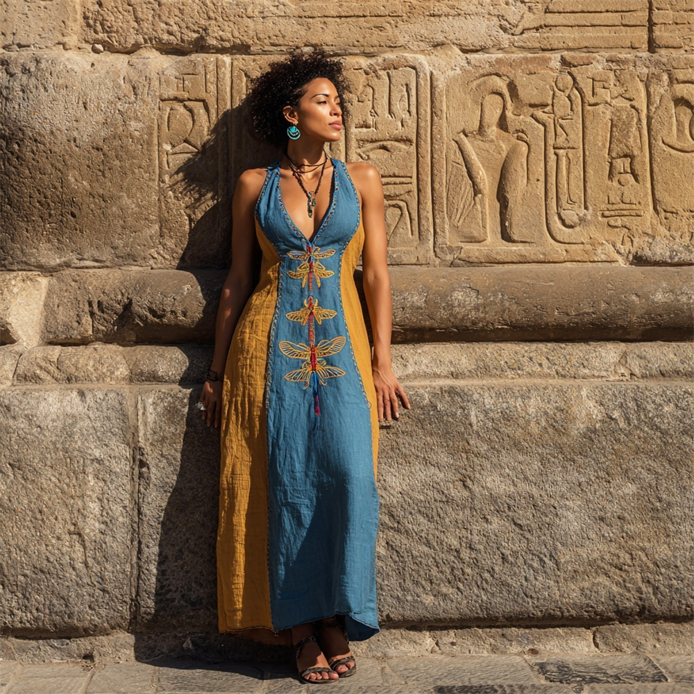 Comstylish Vintage Dragonfly Elements Women's Linen V-neck Vest Maxi Dress