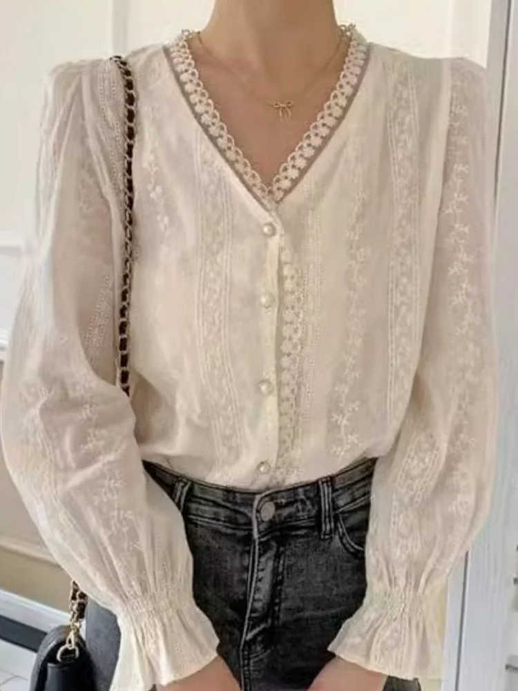 Low Neck Long Sleeve V-neck Lace Top