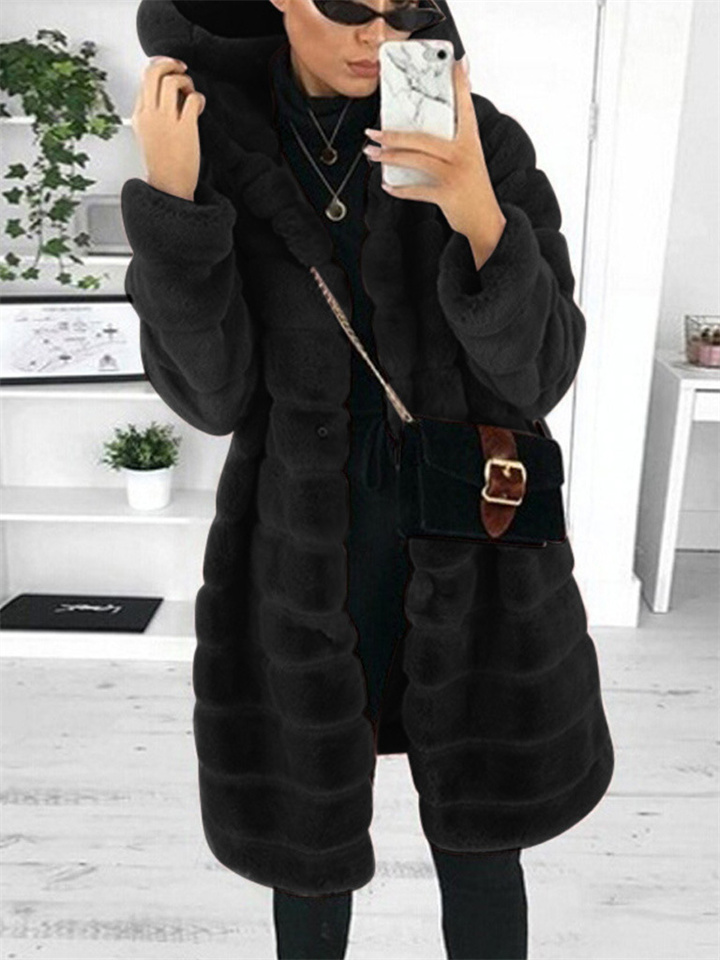 Hot Explosive Models of Autumn and Winter Solid Color Plush Hooded Medium-length Jacket Women's Clothing