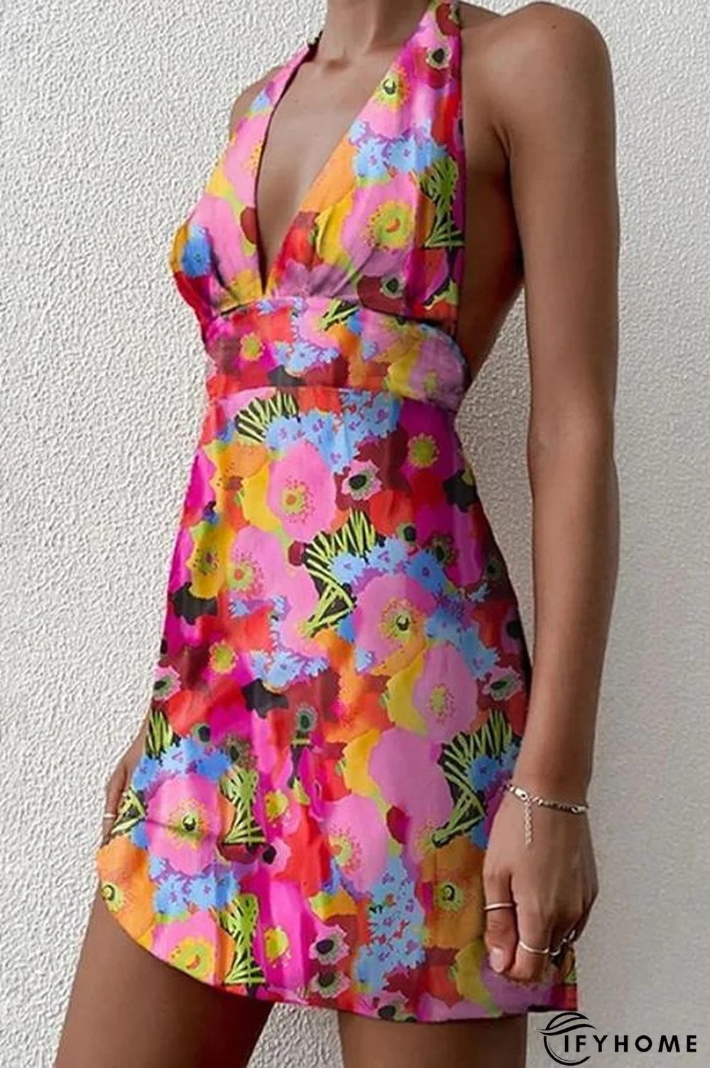Print Halter Neck Backless Mini Dress | IFYHOME