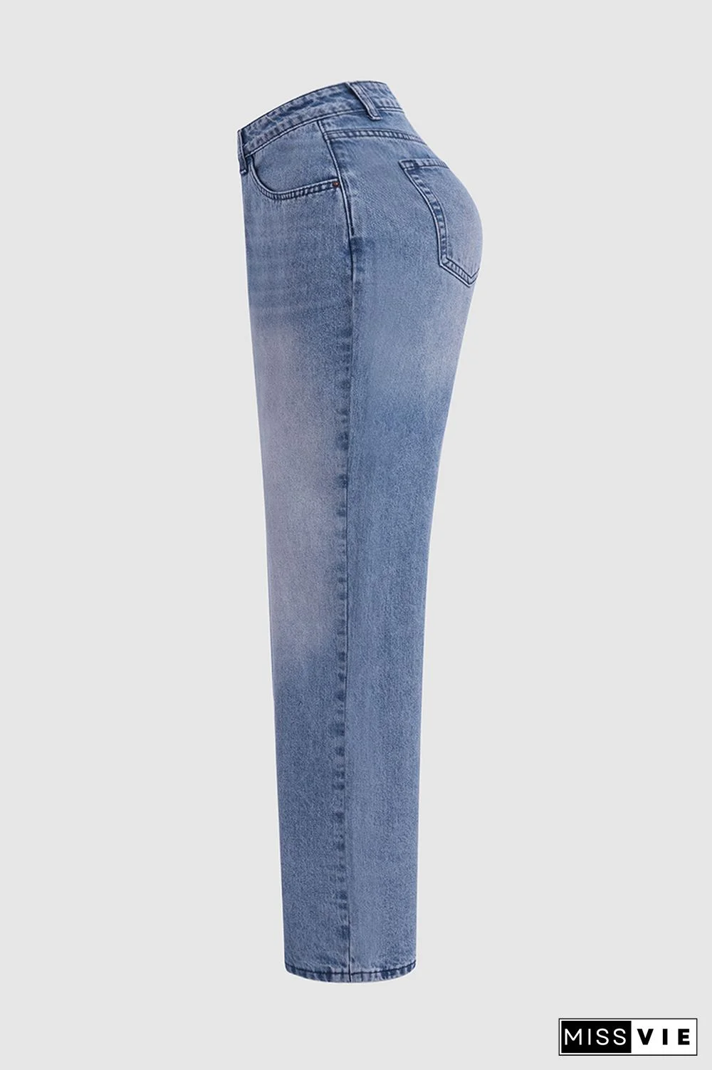 Asymmetrical Waist Mid Rise Straight Leg Jeans Without Belt