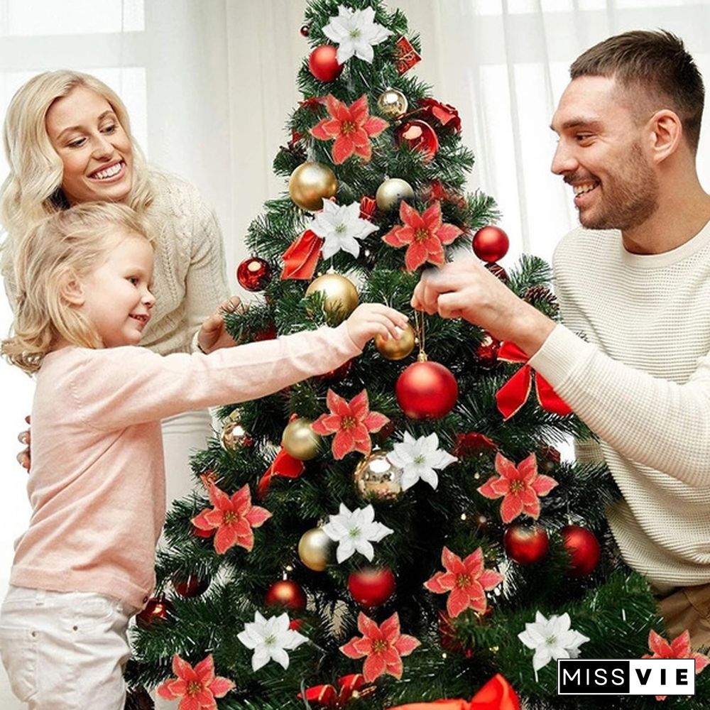 10 Pcs/Set Glitter Christmas Flower Poinsettia Christmas Tree Decorations Ornaments Christmas DIY Craft 11 Colors