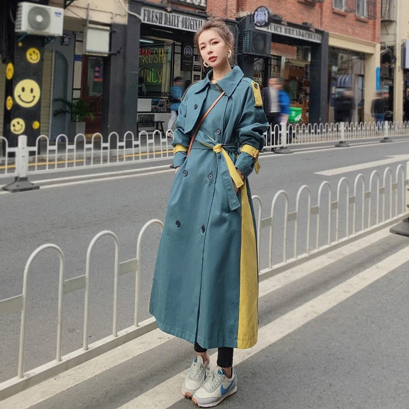 Korean Style Double-Breasted Trench Coat Women Oversize Long Loose Duster Coat for Lady Spring Autumn Outerwear with Belt