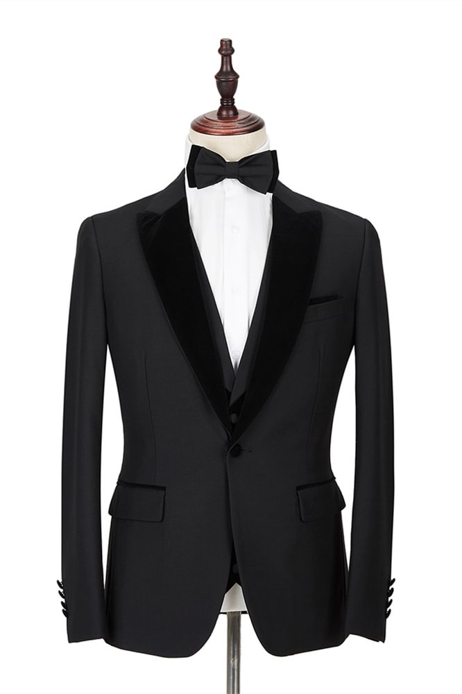 Velvet Peak Lapel Gentle Black 2 Piece Wedding Suit For Men | Ballbellas Ballbellas