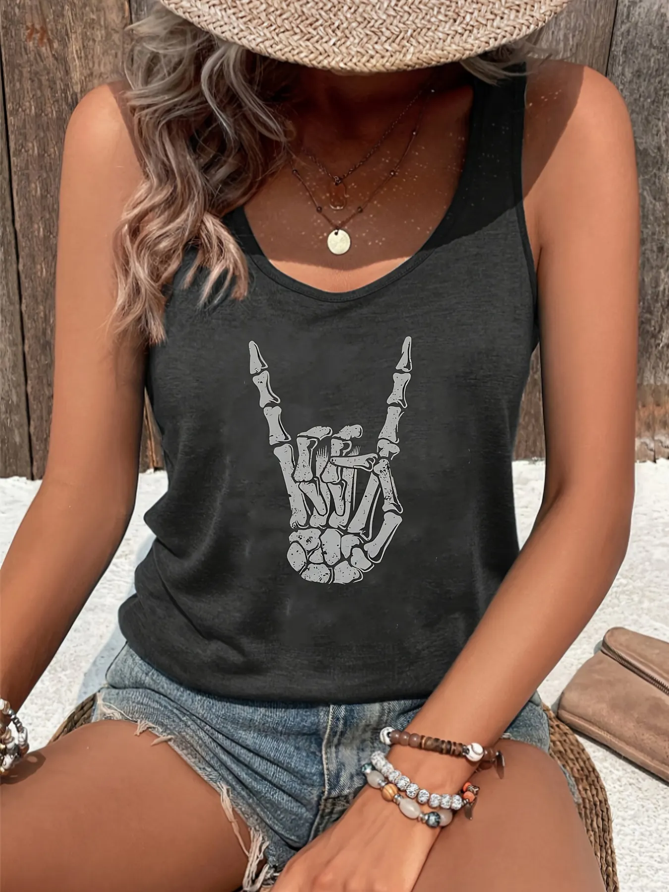 Black Vintage Skeleton Graphic Tank Top Womens Casual Muscle With Flowy Festival Design