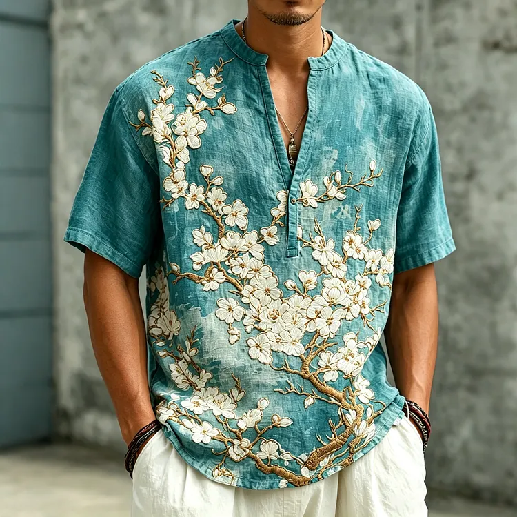 Men's Vintage Floral Embroidered Art Casual Linen Shirt