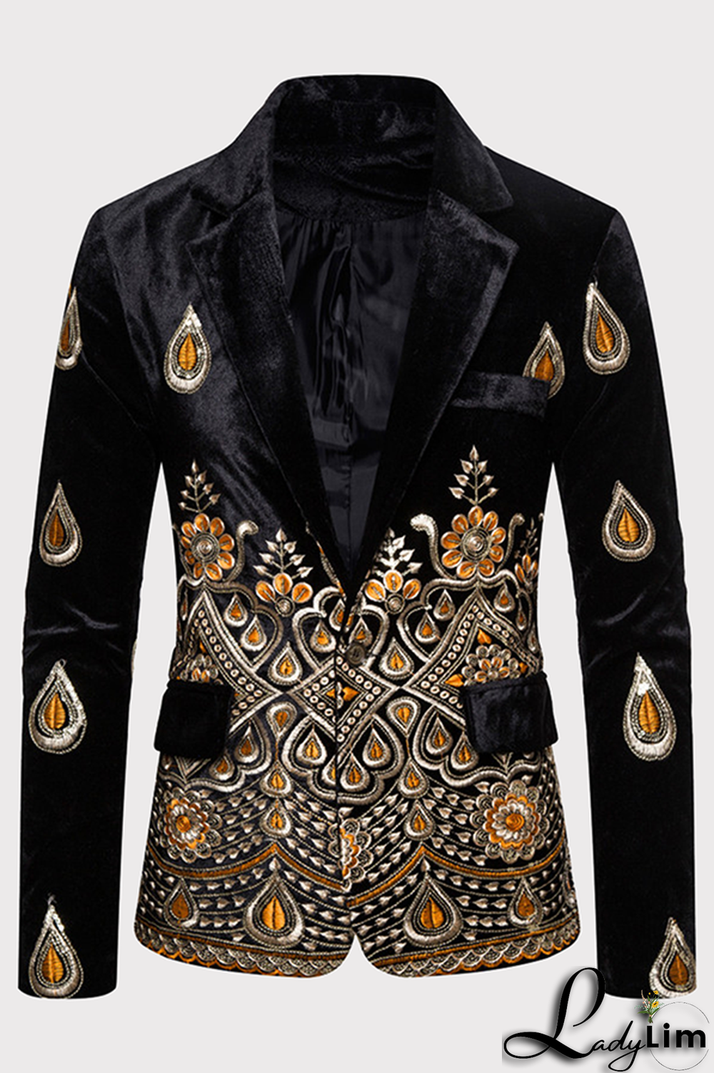 Burgundy Fashion Embroidery Split Joint Buttons Turn-back Collar Outerwear