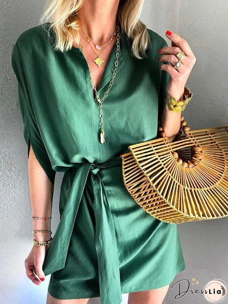 Loose Solid Color V-neck Dress